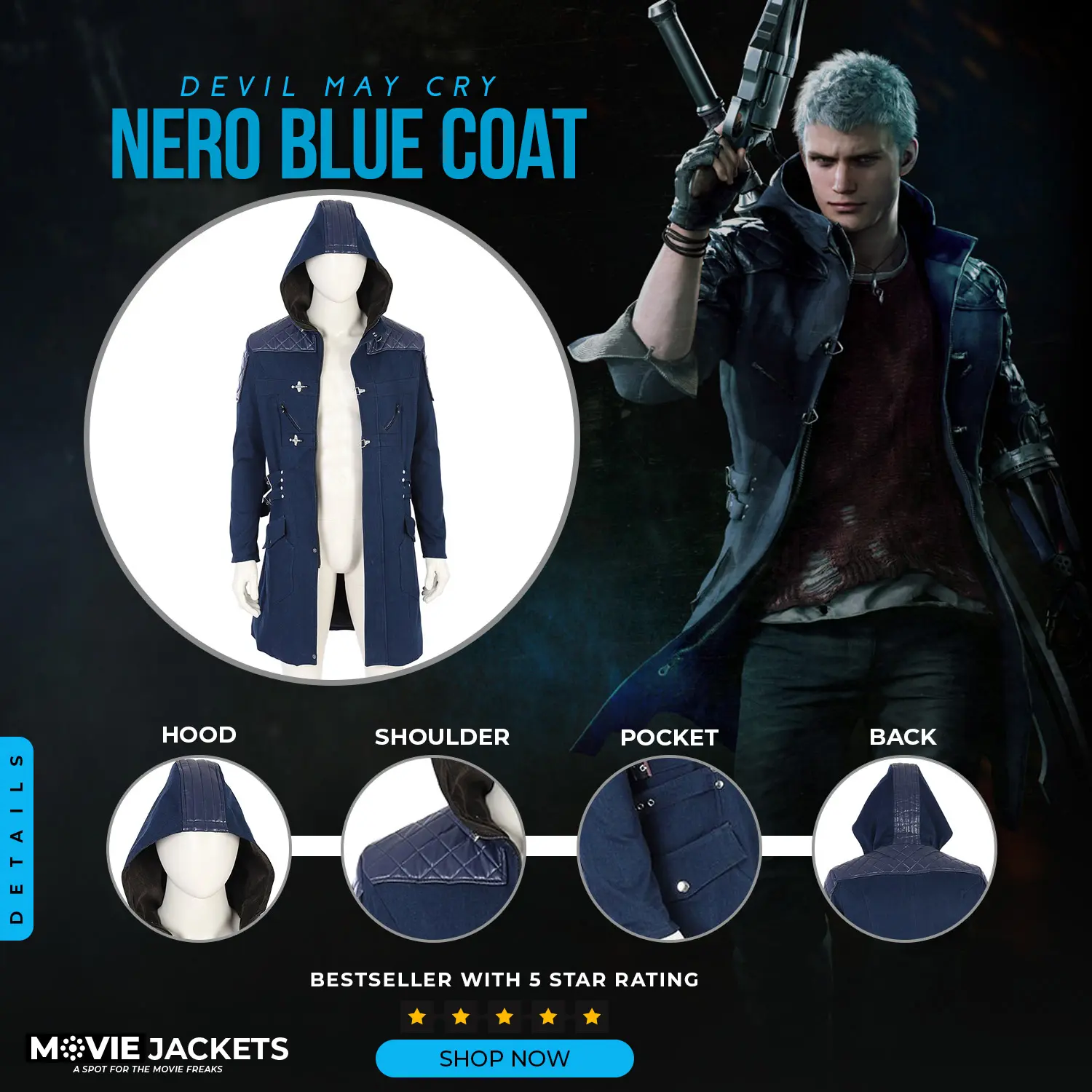 Devil May Cry 5 Blue Nero Coat with Hood - USA Leather Factory