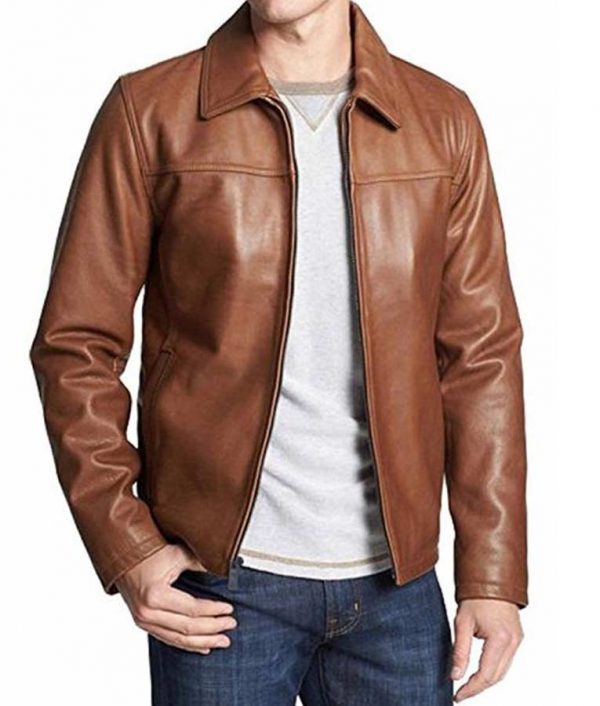 Mens Brown Casual Smiple Shirt Collar Leather Jacket
