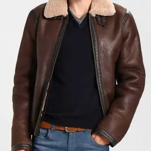 Aviator Style Mens Dark Brown Shearling Jacket