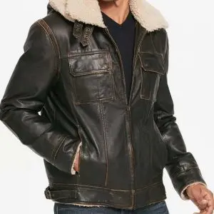 Brown Mens Waxed Hooded Aviator Shearling Jacket