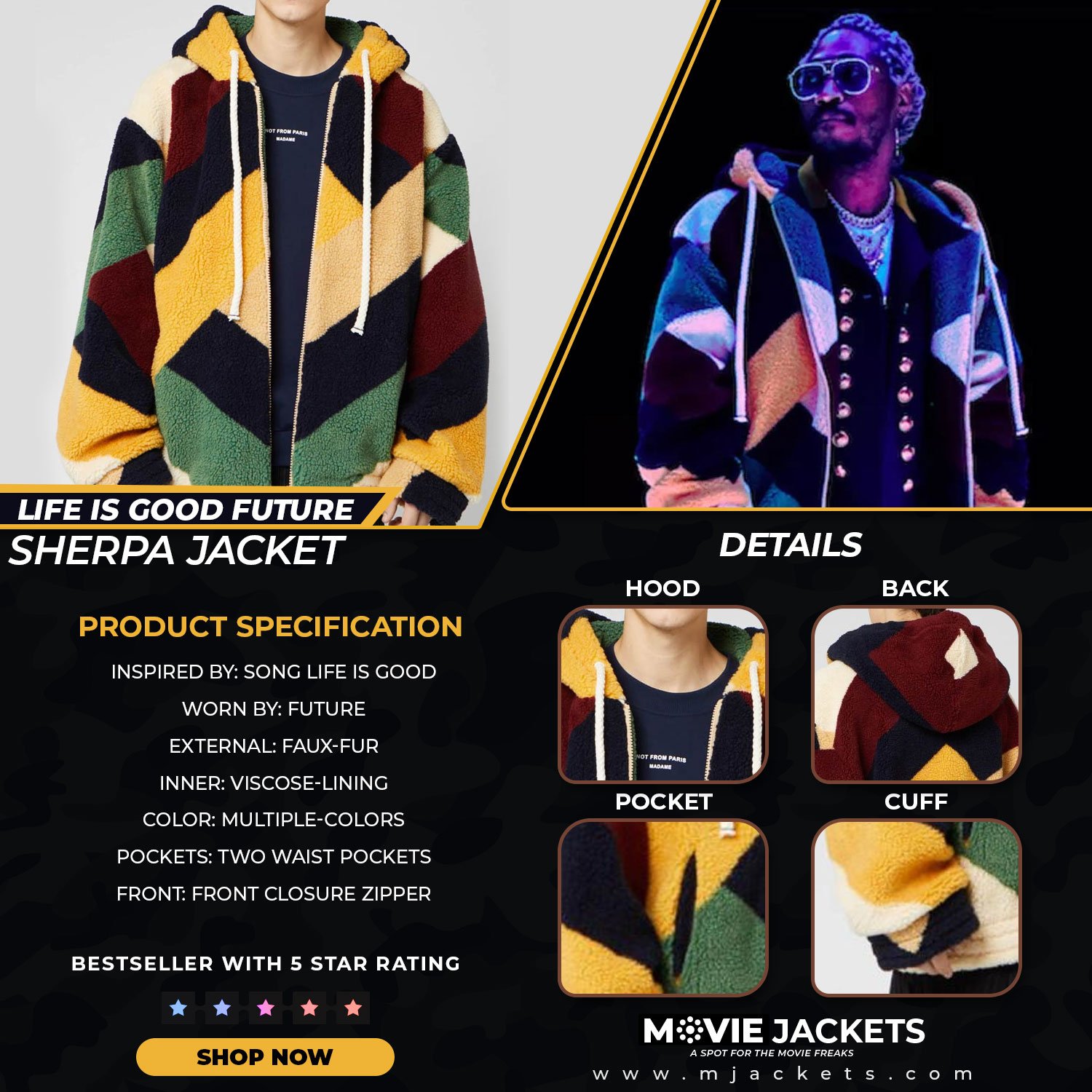 Buy Life Is Good Future Sherpa Jacket with Hood Multi Color Jacket Movie Jackets