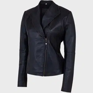 Asymmetrical Shawl Collar Black Leather Jacket for Women's