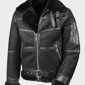 Mens Aviator B16 Black Real Sheepskin Shearling Leather Jacket