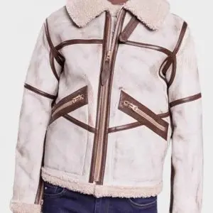 Aviator Style White Waxed Shearling Leather Jacket for Mens