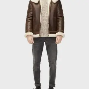 Mens Aviator Sheepskin Brown Real Shearling Leather Jacket
