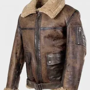 Mens Distressed Leather Brown Aviator Shearling Jacket