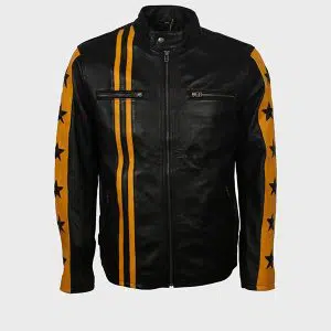 Mens Cafe Racer Yellow Star Black Leather Jacket Free Shipping