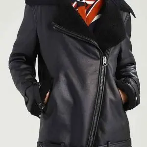 Womens Shearling Aviator Jacket Asymmetrical Black Leather Jacket