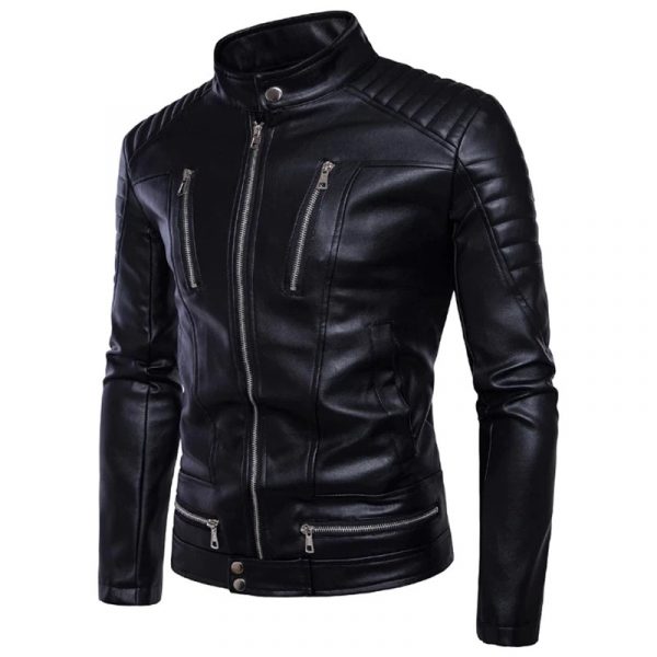 Mens Padded Slim Fit Black Leather Jacket